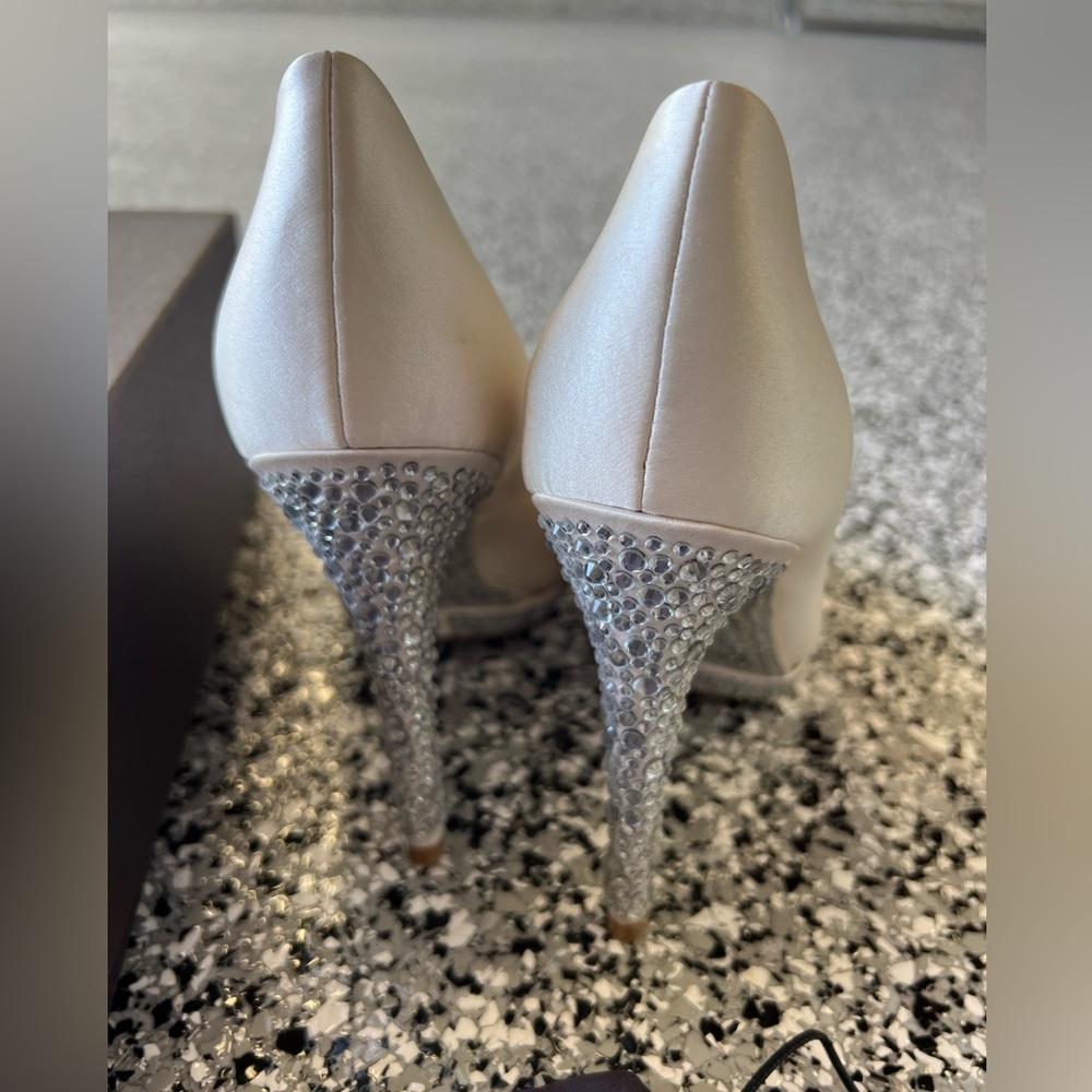 Brian Atwood white satin pumps with crystal